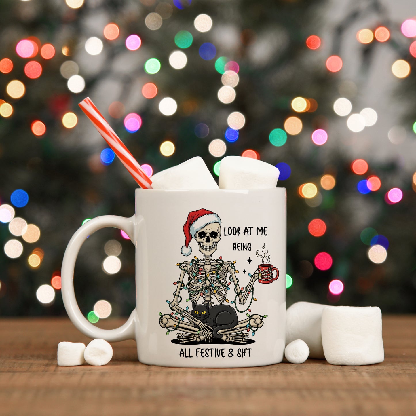 Funny Christmas Skeleton Mug – “Look At Me Being All Festive” White Ceramic Mug