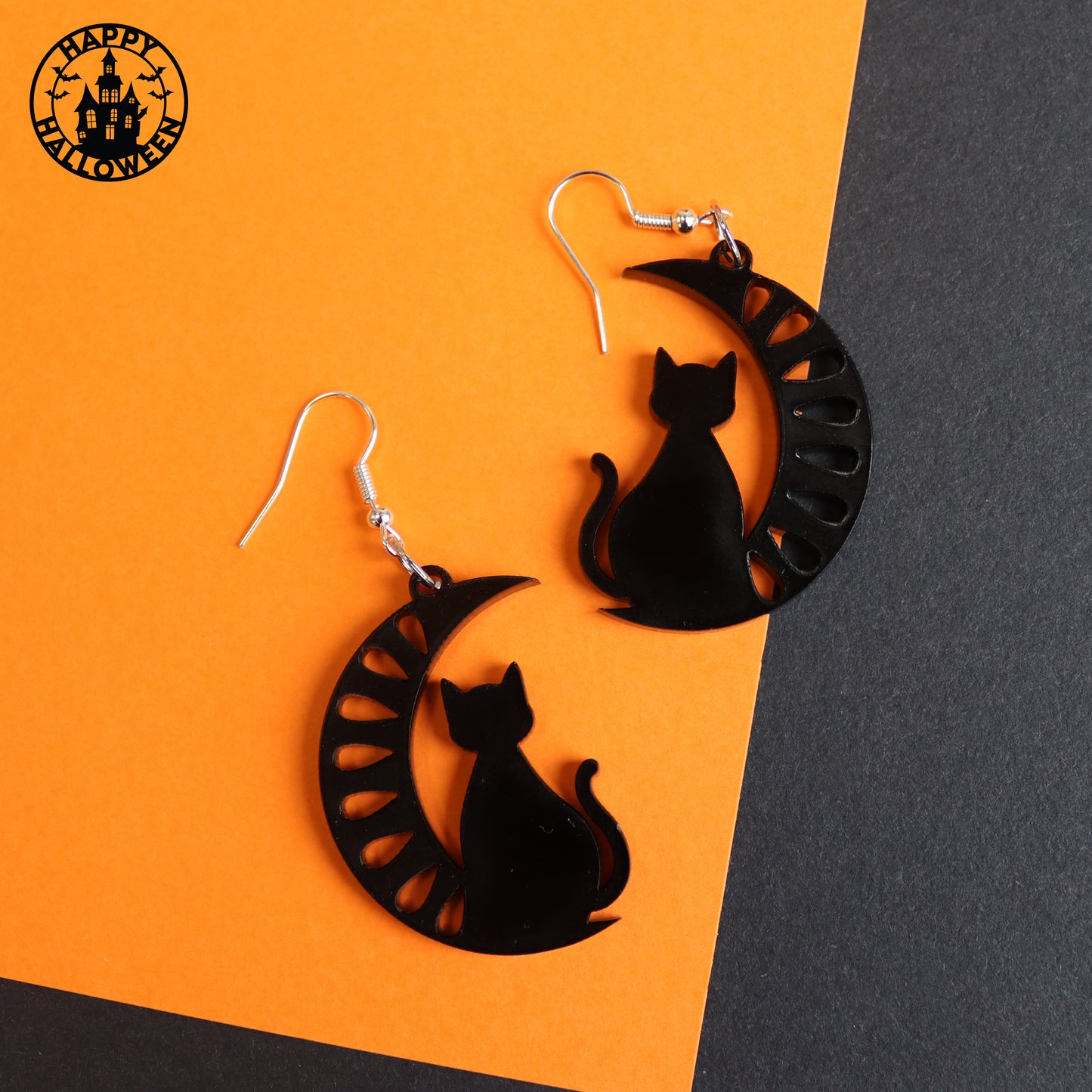 Halloween Cat On A Moon Earrings