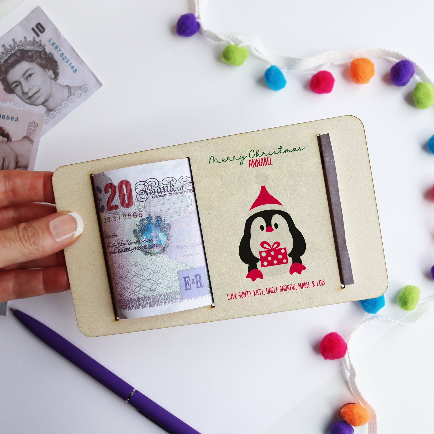 Personalised Christmas Penguin Money Holder