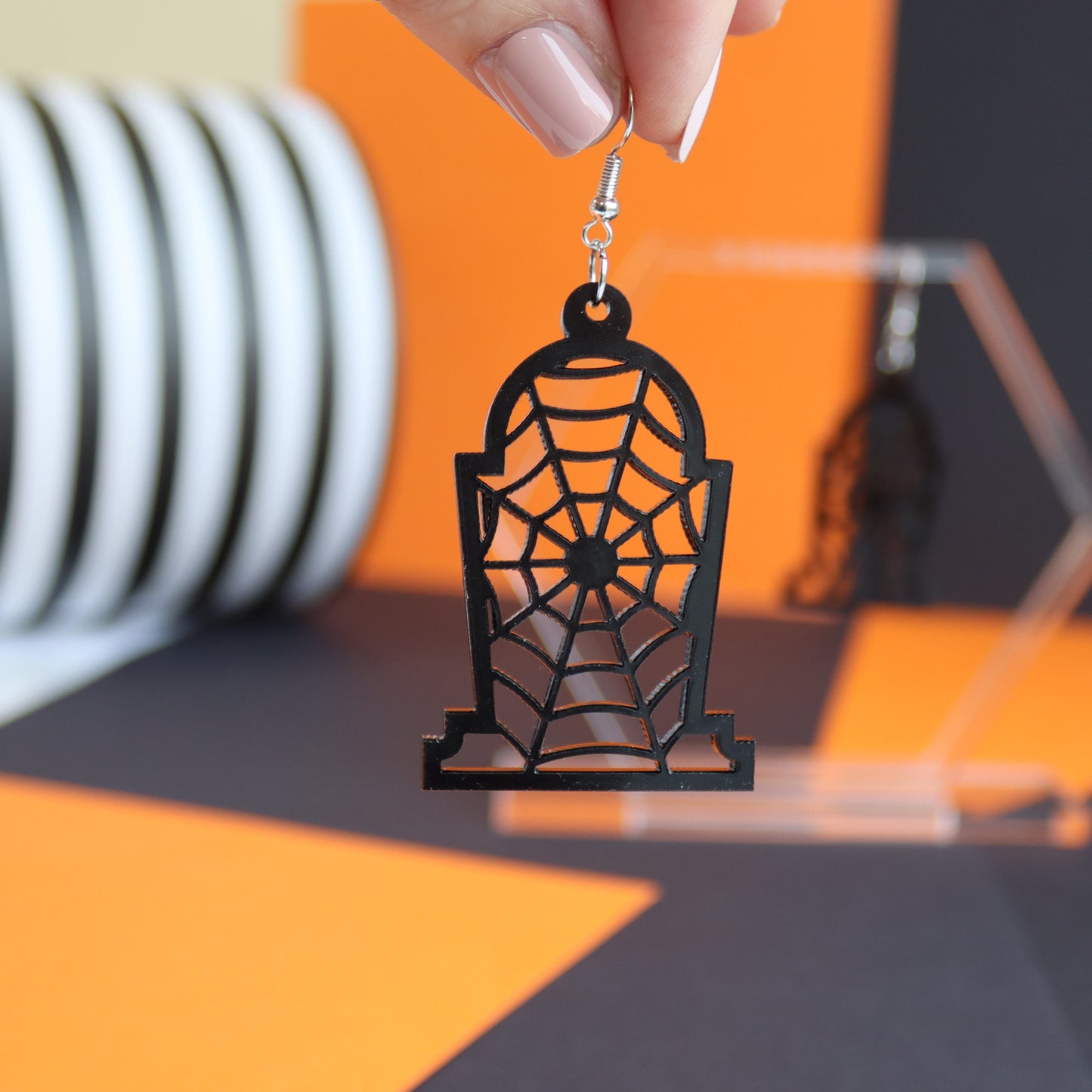 Spider Web Tombstone Halloween Earrings