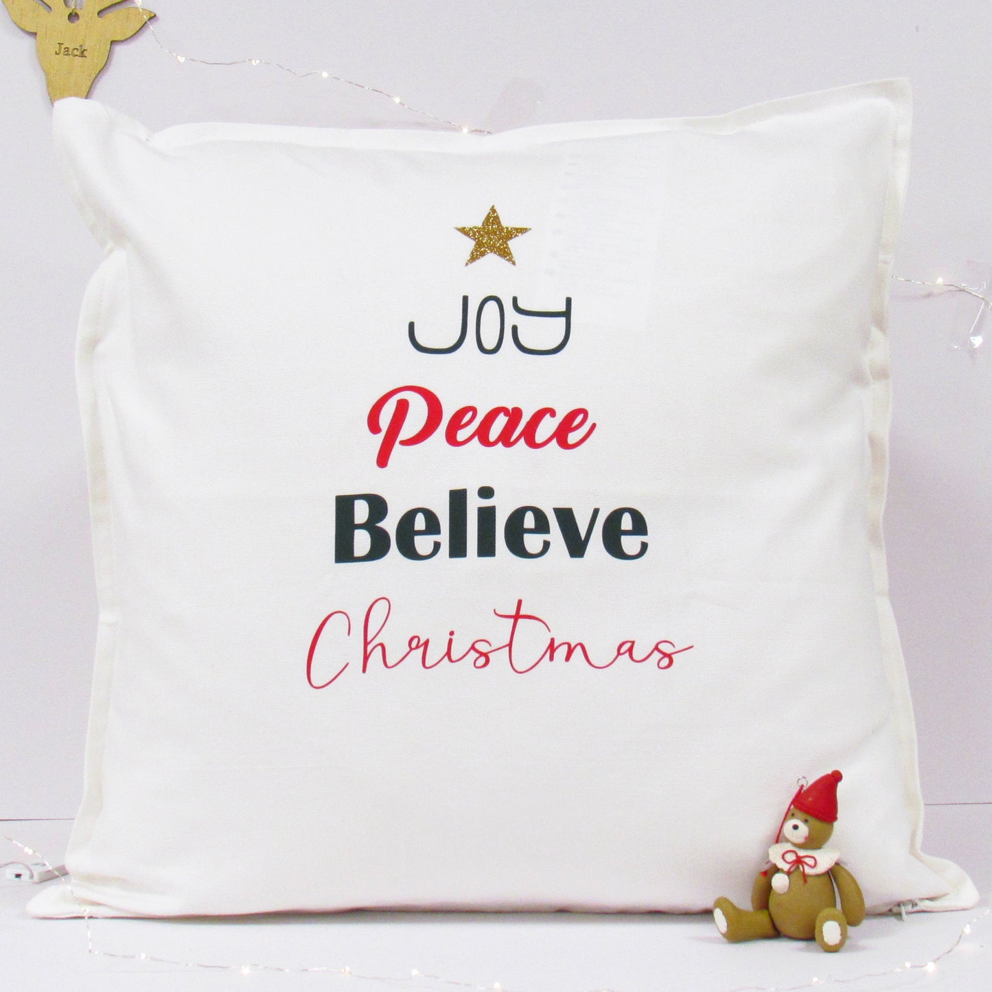 Joy Peace Believe Christmas Cushion