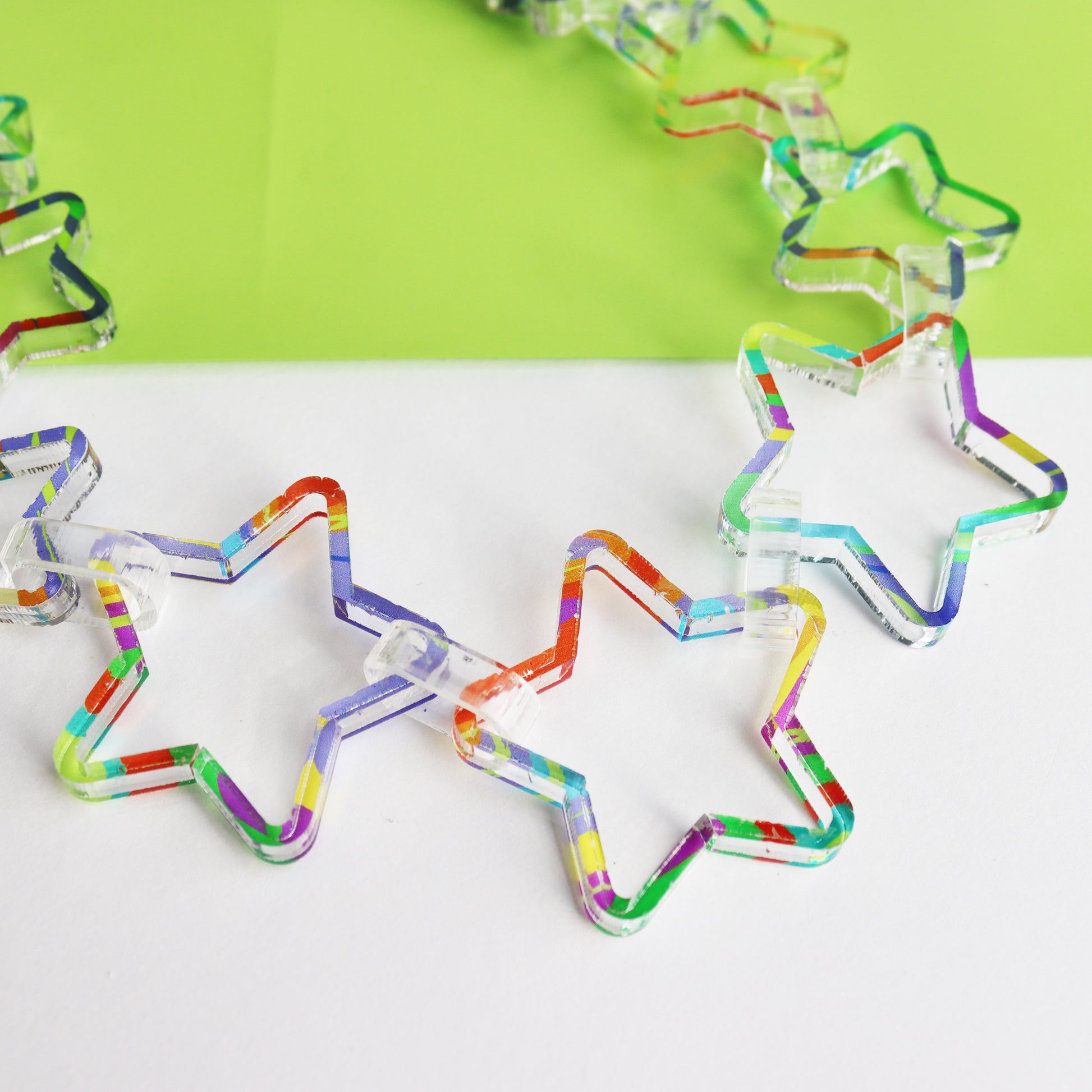 statement large printed acrylic star necklace cut from acrylic close up of stars