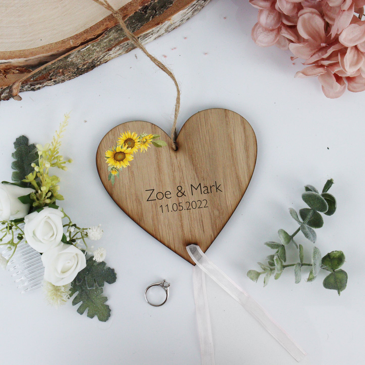 Sunflower Wedding Ring Bearer Wooden Heart