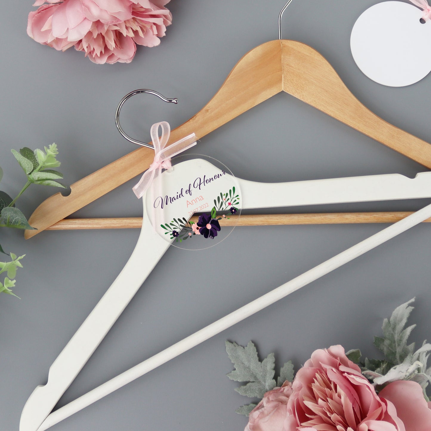 Personalised Clear Wedding Hanger Tag Purple