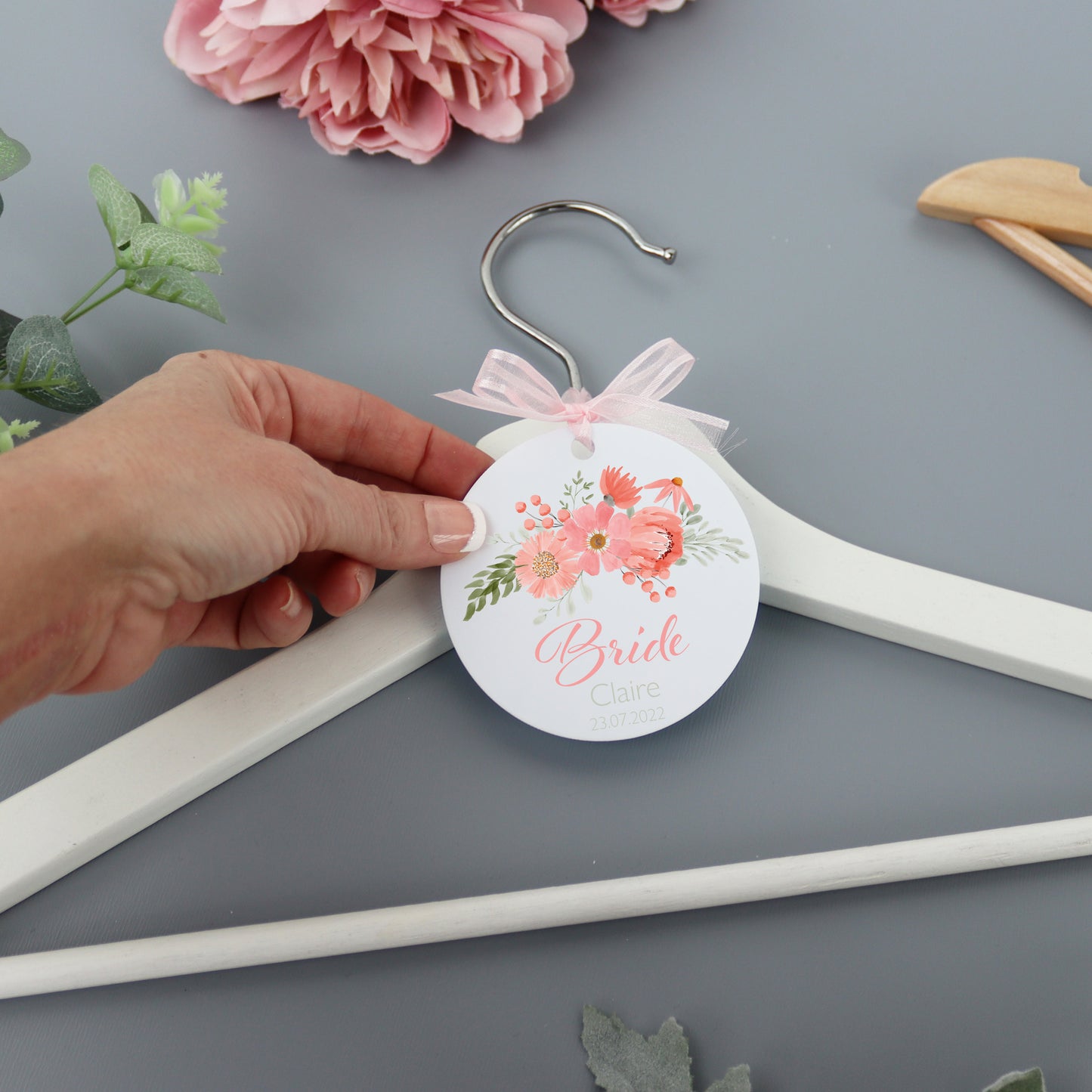 Personalised White Wedding Hanger Tag Peach