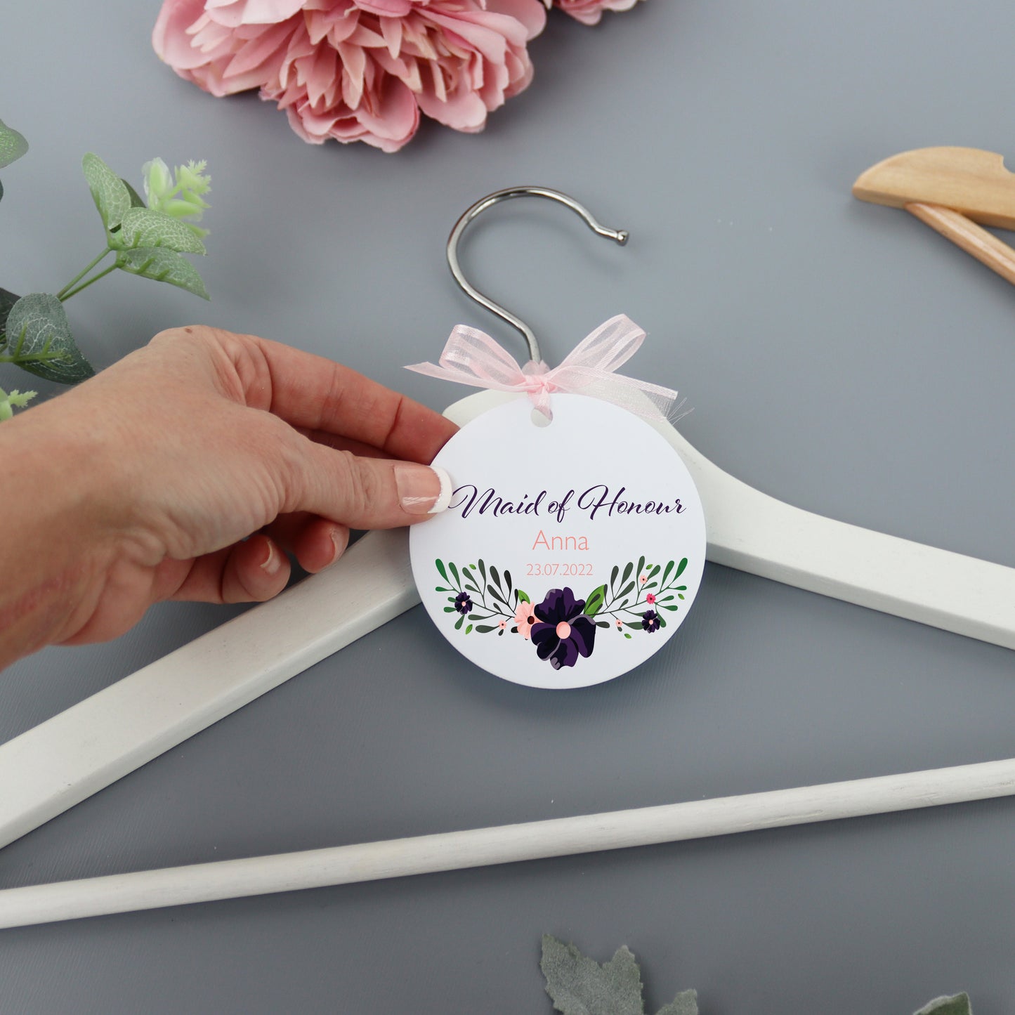 Personalised White Wedding Hanger Tag Purple