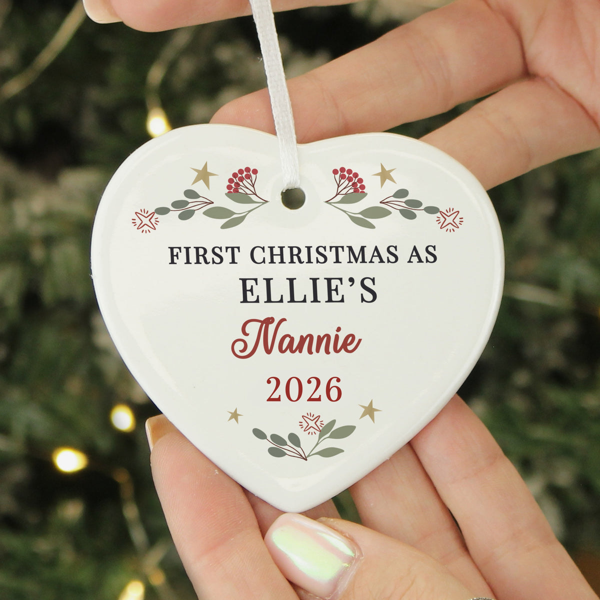 Personalised First Christmas as Grandparents Ceramic Heart Decoration with personalised text, view 2