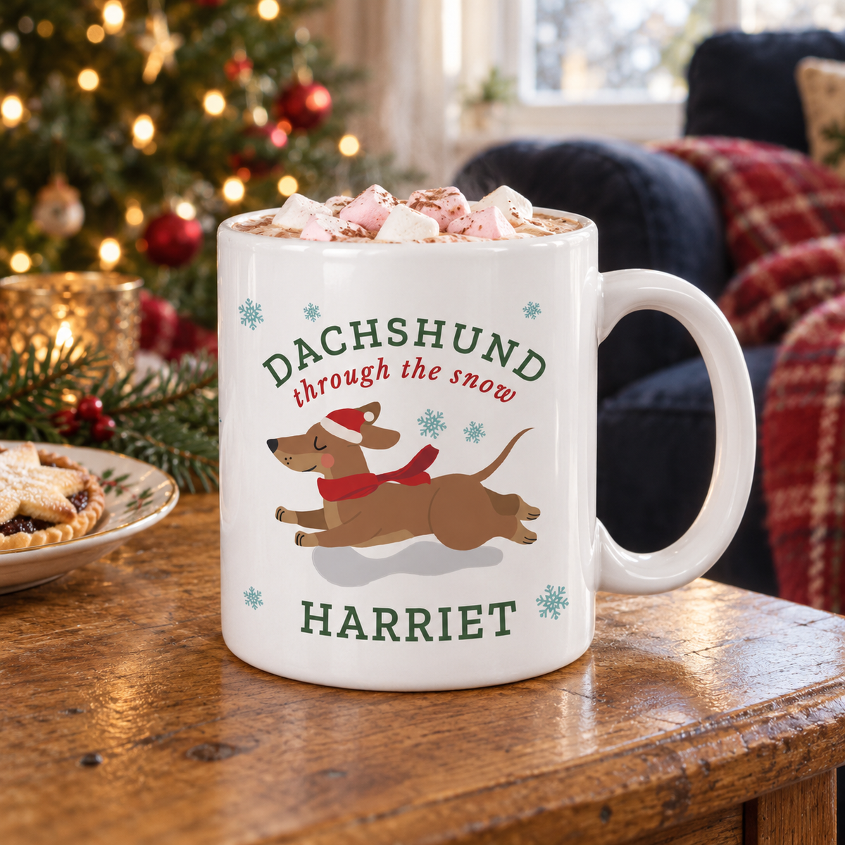 Personalised Dachshund Through the Snow Christmas mug with hot chocolate and marshmallows