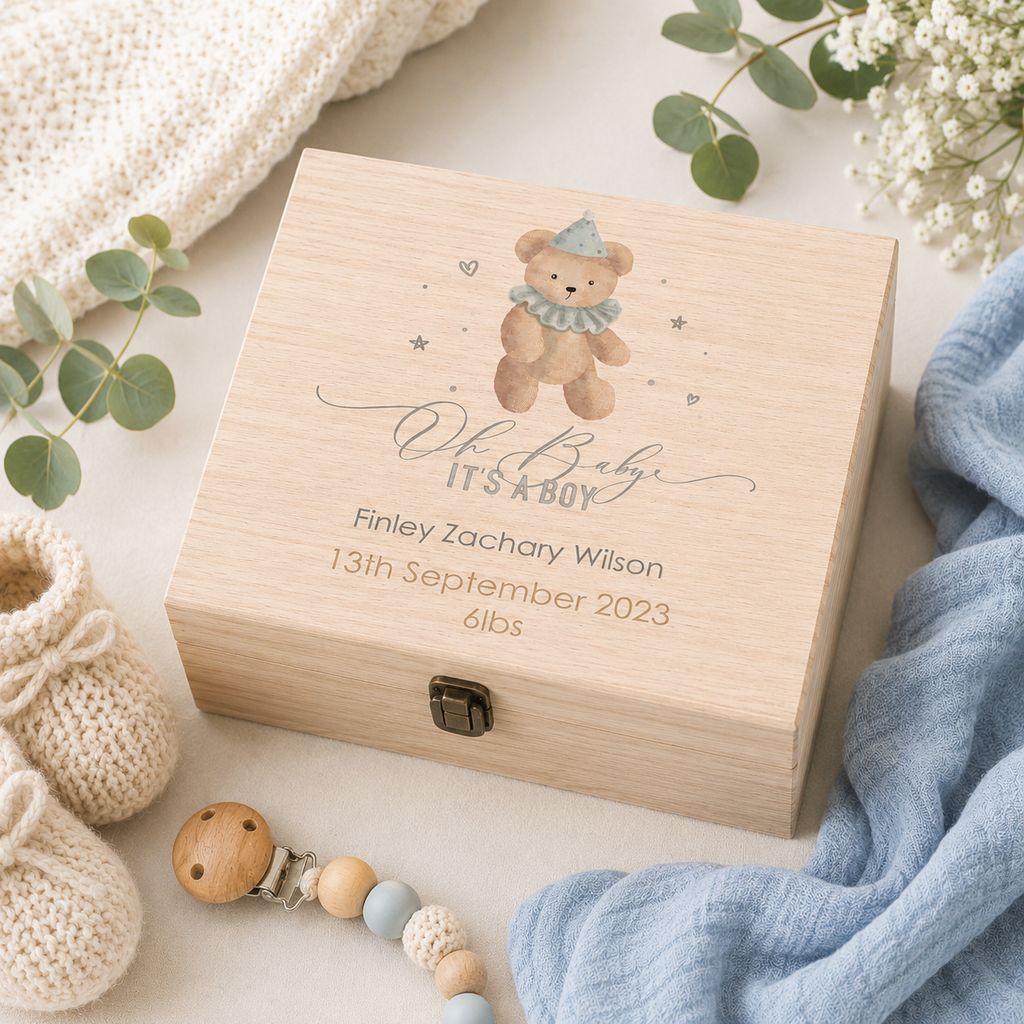 Personalised baby boy keepsake gift box with sweet teddy bear artwork
