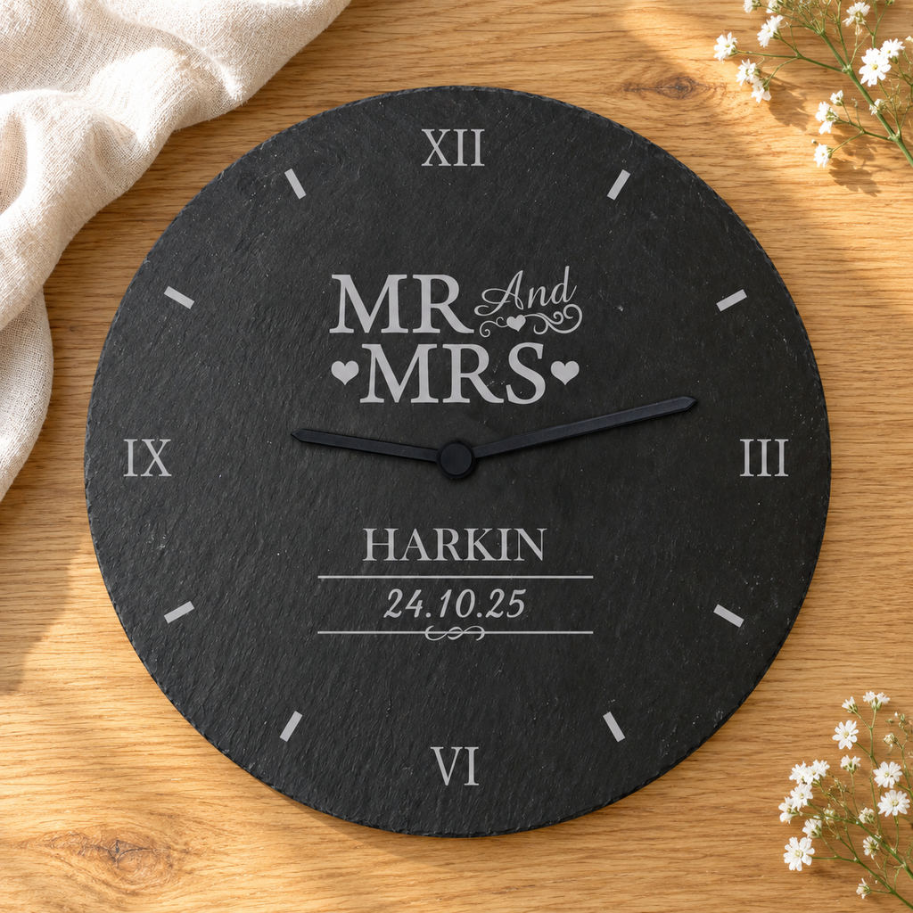 Personalised Engraved Mr and Mrs Slate Wedding Clock