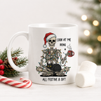 Funny Christmas mug with skeleton in santa hat and tangled lights design