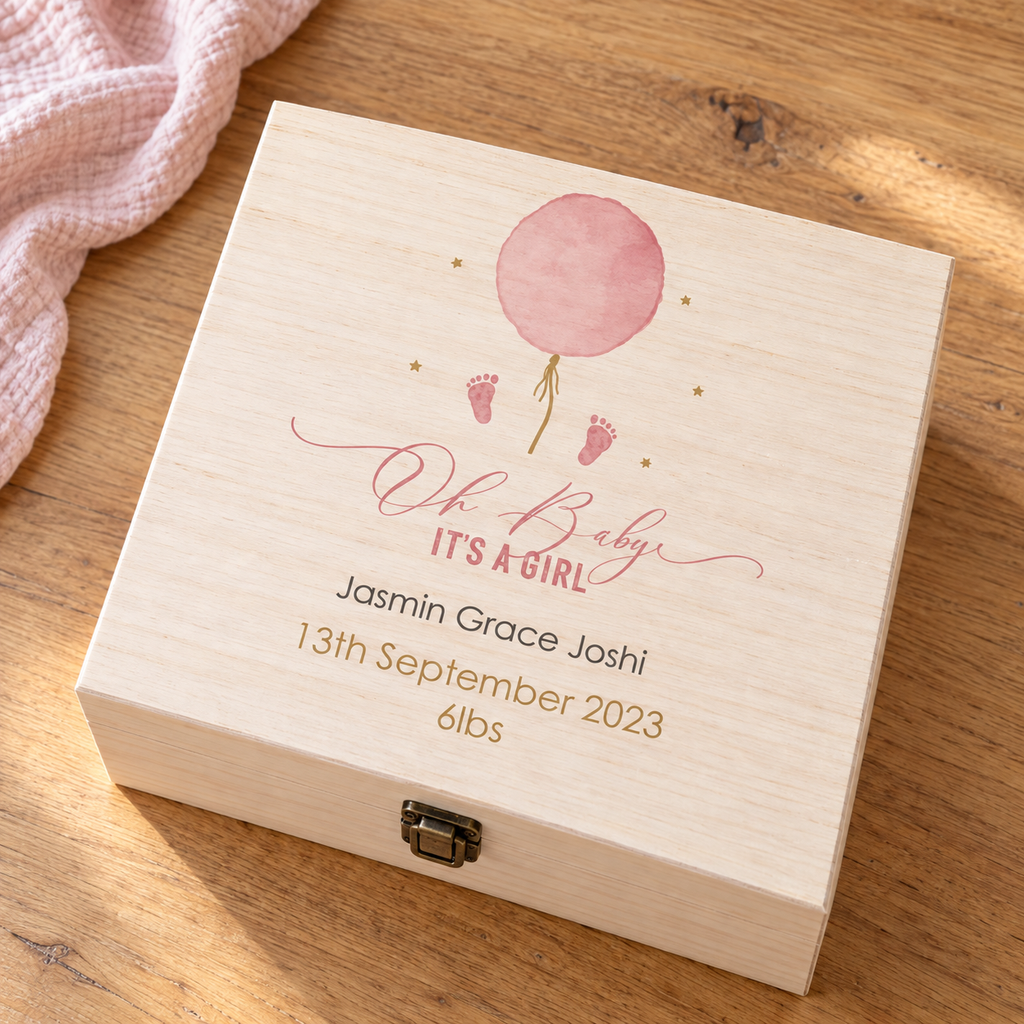 Personalised Pink Balloon Baby Girl Gift Box