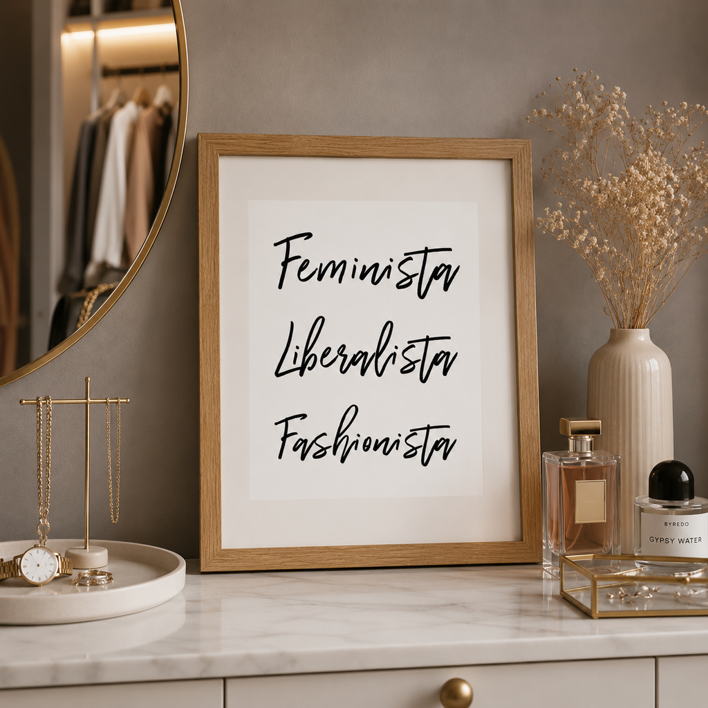 Framed monochrome print with handwritten 'Feminista Liberalista Fashionista'
