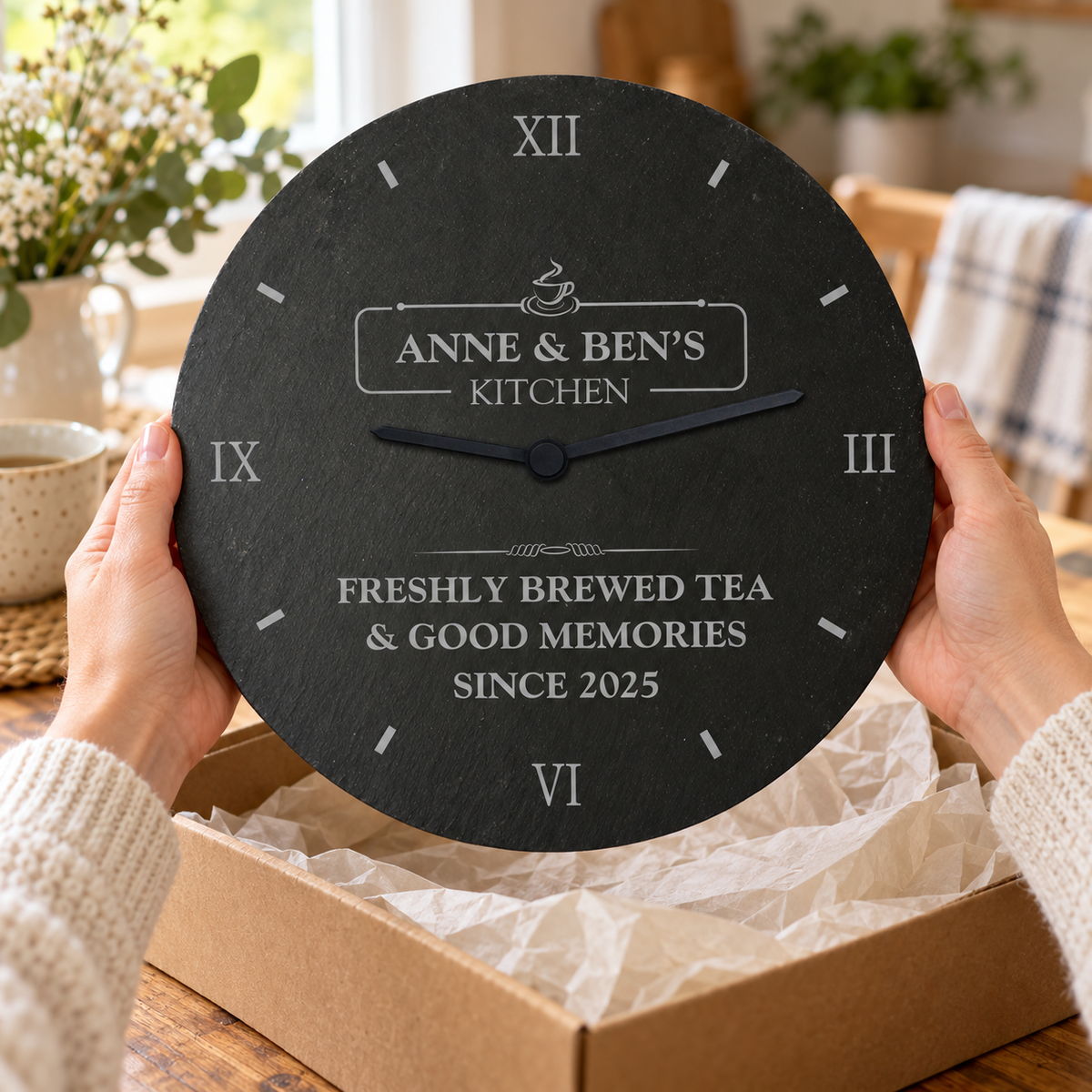 Personalised Engraved Family Kitchen Slate Clock