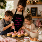Personalised black baking apron with a pink message for a favourite baker