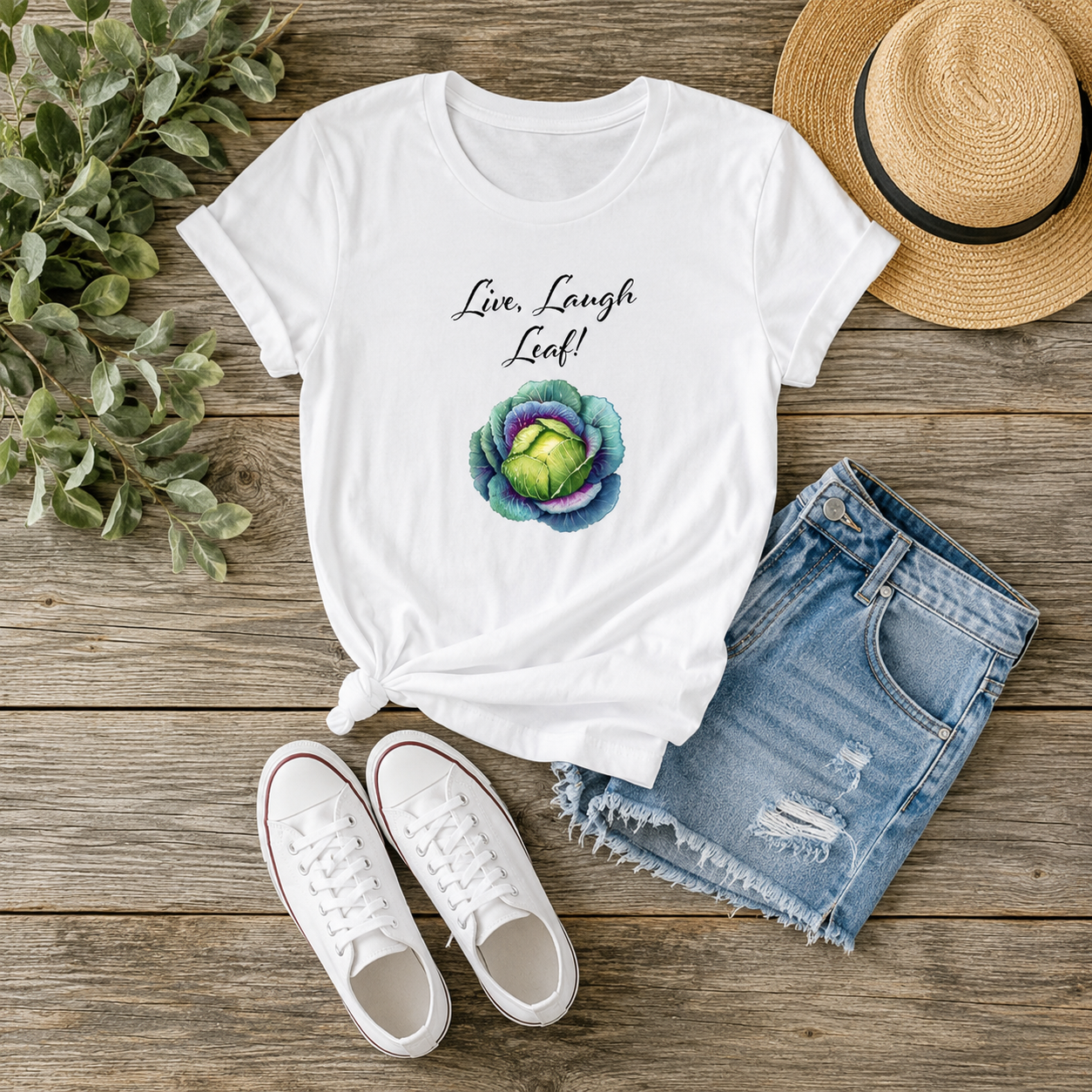 Live Laugh Leaf Cabbage T-Shirt | Funny Veggie Tee