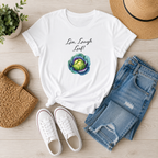 White 'Live Laugh Leaf' t-shirt with a leafy green cabbage illustration
