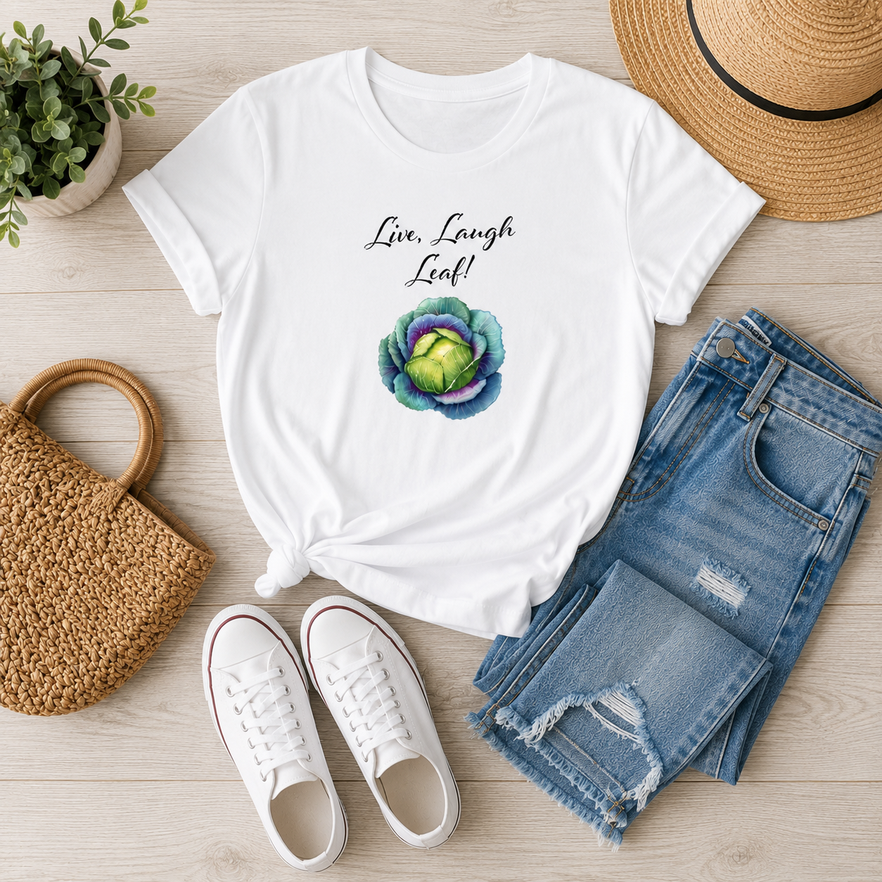 Live Laugh Leaf Cabbage T-Shirt | Funny Veggie Tee
