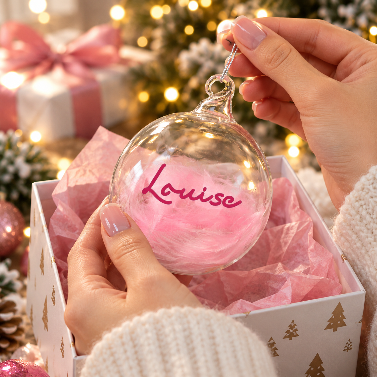 Personalised Pink Feather Glass Bauble