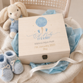 Personalised wooden baby boy gift box with blue balloon and footprints, 'Oh Baby It's A Boy' and name and details