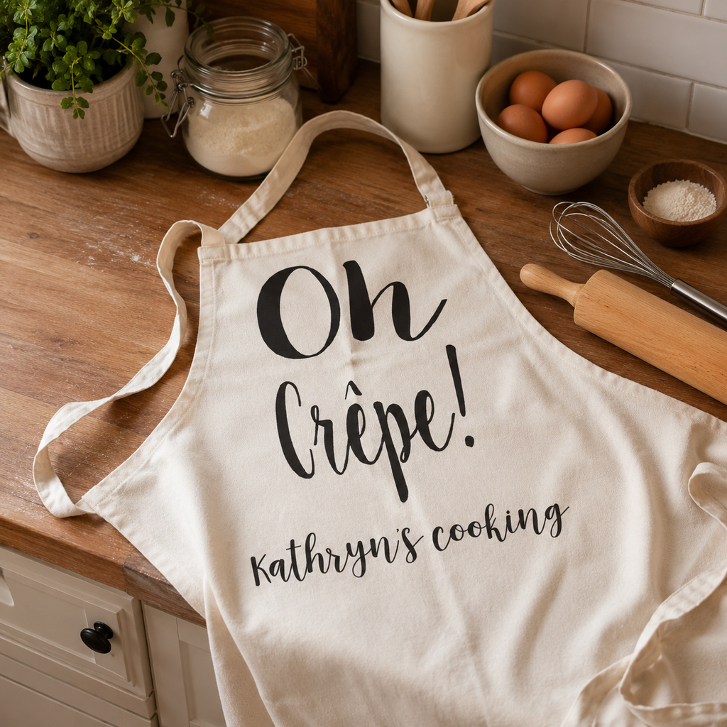 Personalised 'Oh Crepe!' apron with 'Kathryn's cooking' on a wooden kitchen worktop