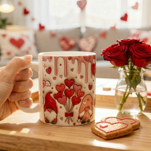 3D-effect Valentine's mug with cute gnomes holding heart balloons