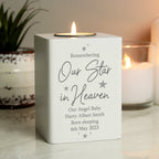 Personalised Our Star in Heaven memorial tea light holder with a lit candle