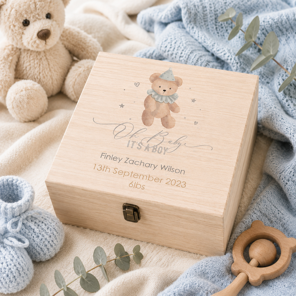 Personalised wooden baby boy keepsake box with name and birth details engraved