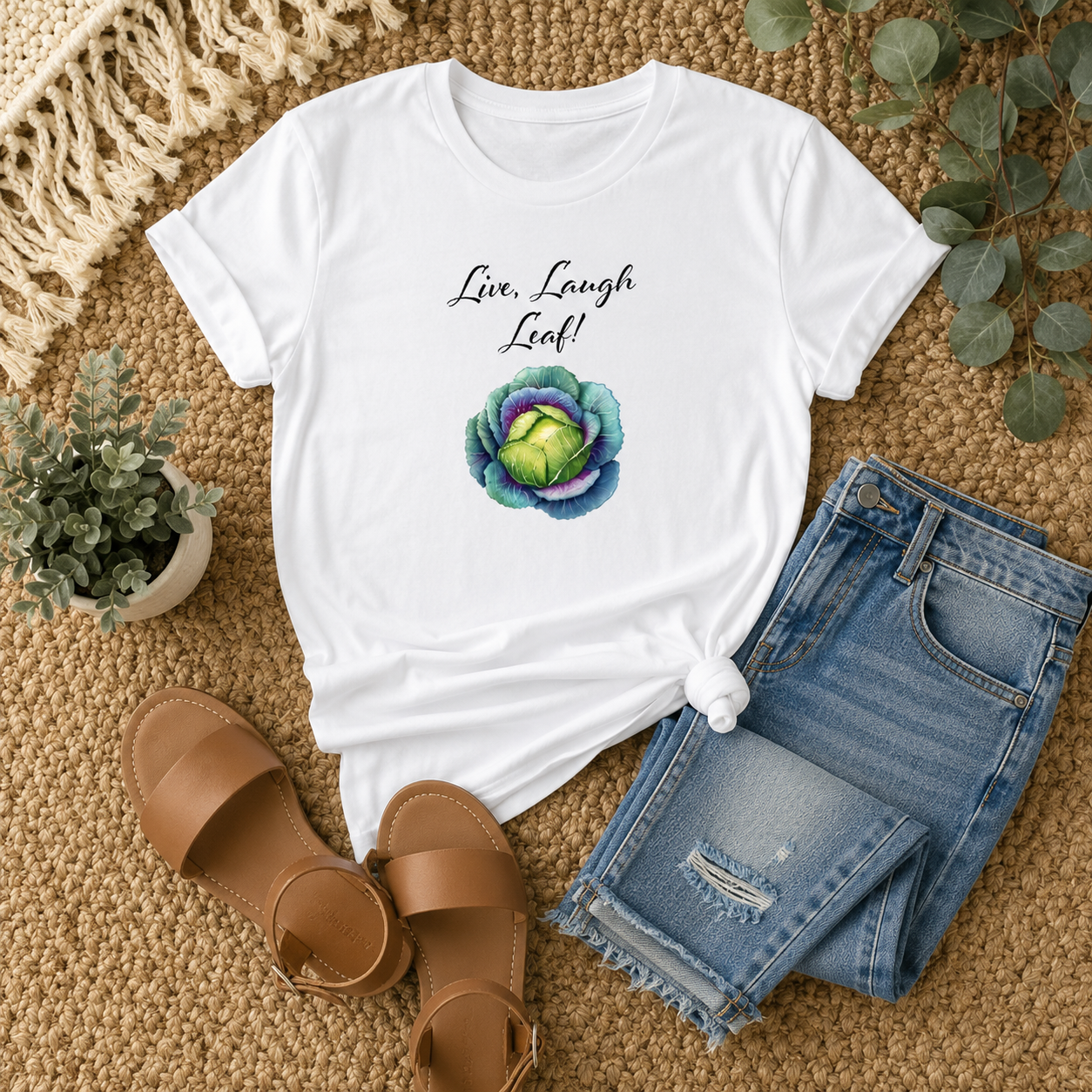 Live Laugh Leaf Cabbage T-Shirt | Funny Veggie Tee
