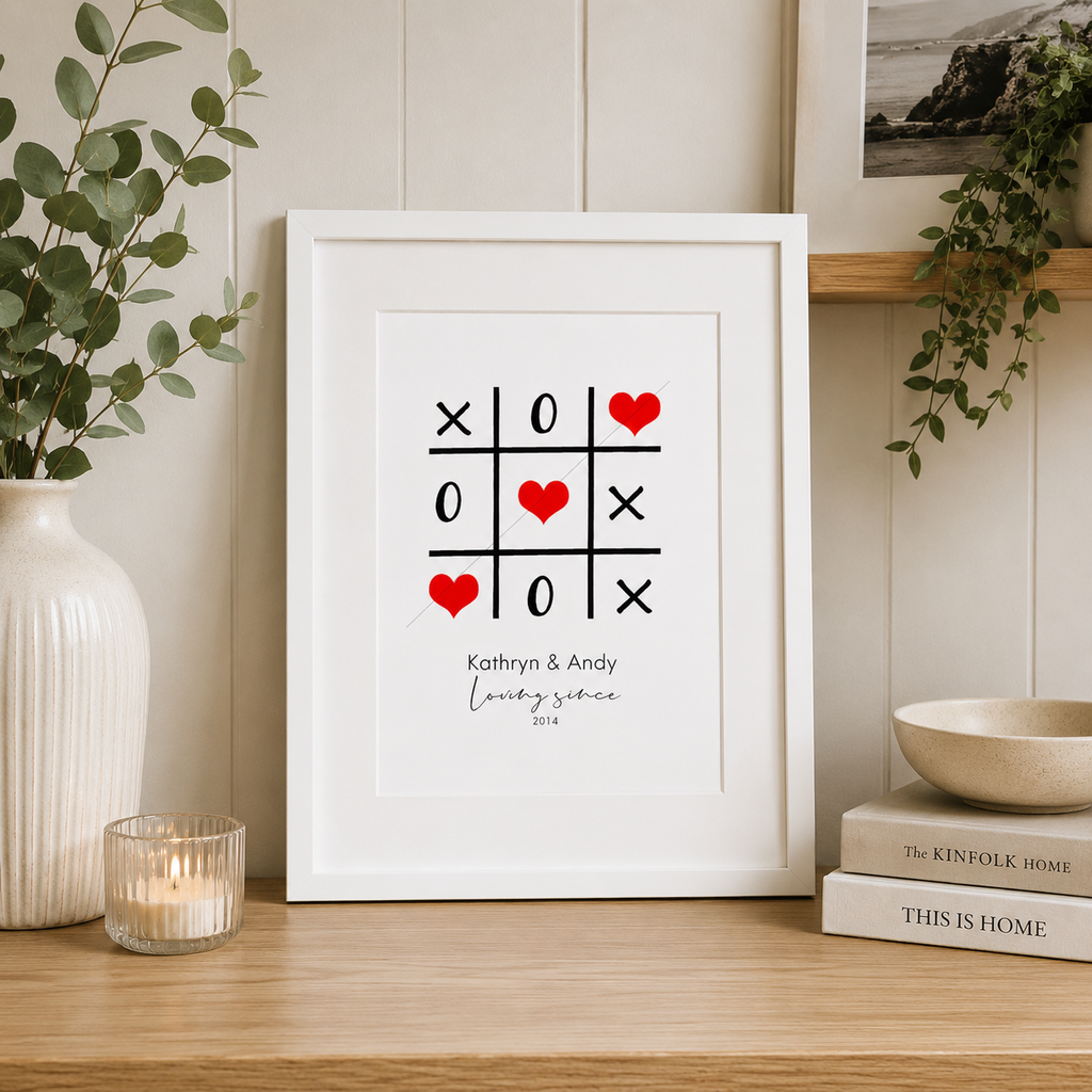 Personalised tic tac toe heart print with the couple's names