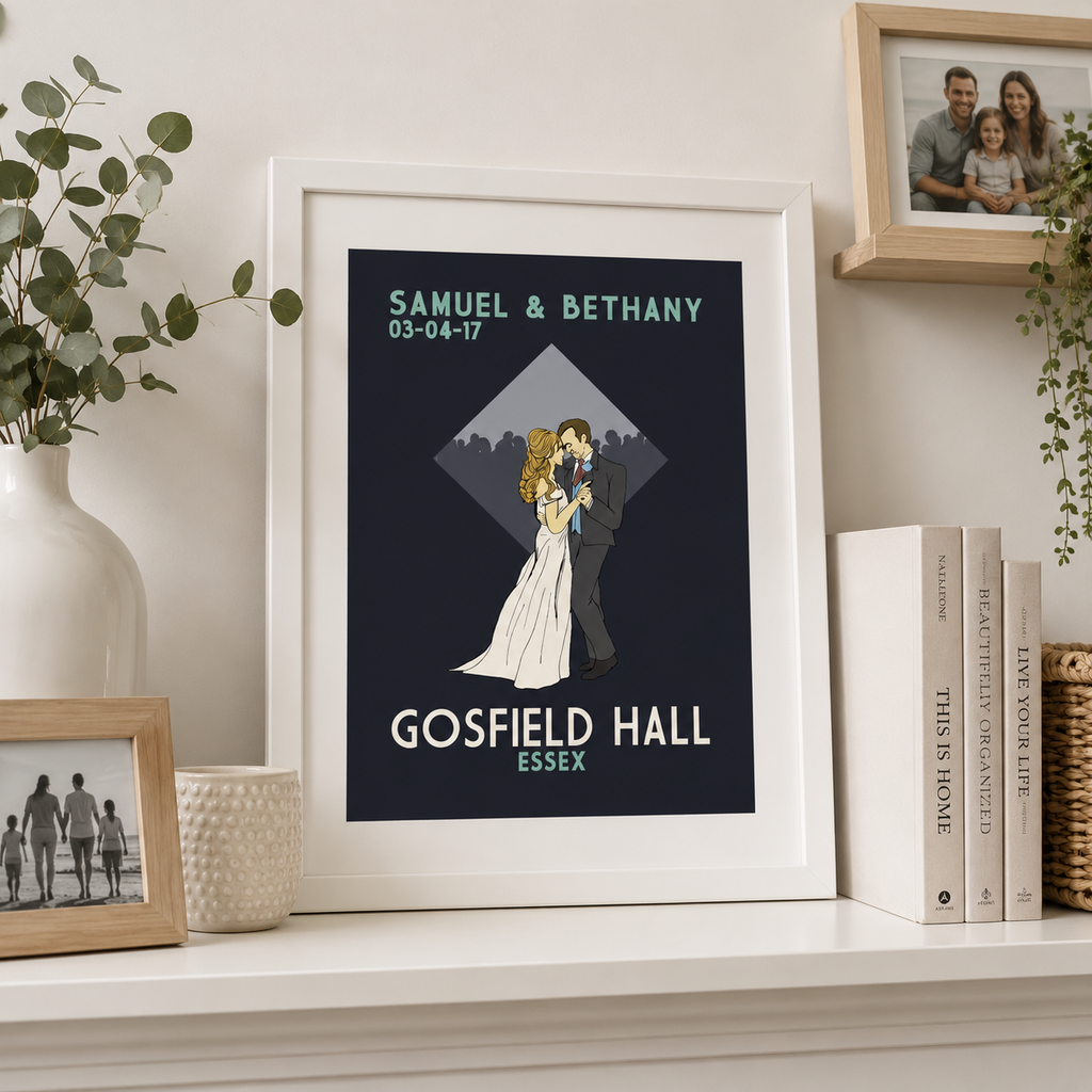 Personalised wedding print with a couple illustration, 'Samuel & Bethany' and 'Gosfield Hall Essex', framed on a shelf