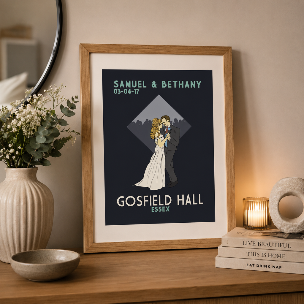 Personalised navy wedding print showing a bride and groom illustration with names and venue, framed