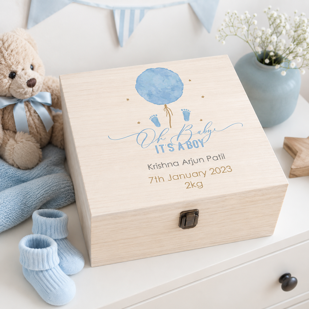 Personalised wooden baby boy gift box engraved with name, birth date and weight