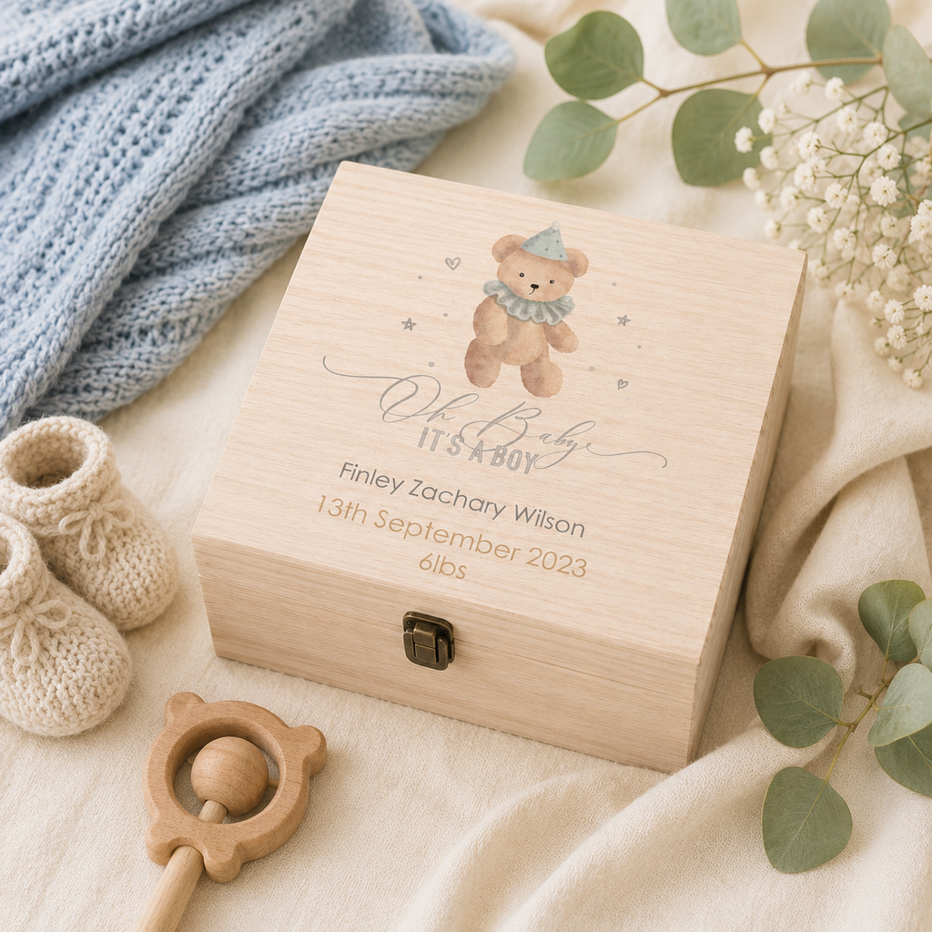 Personalised baby boy keepsake gift box with teddy design, a precious memento