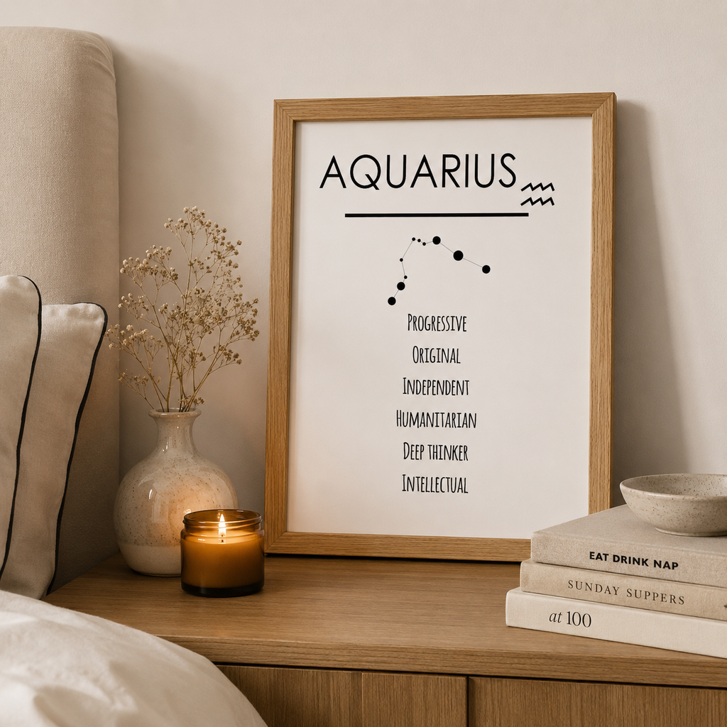 Black and white zodiac sign print with star constellation and personality traits