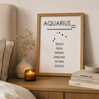 Black and white zodiac sign print with star constellation and personality traits
