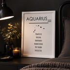 Monochrome horoscope print, 'Aquarius' star sign with constellation and traits, framed