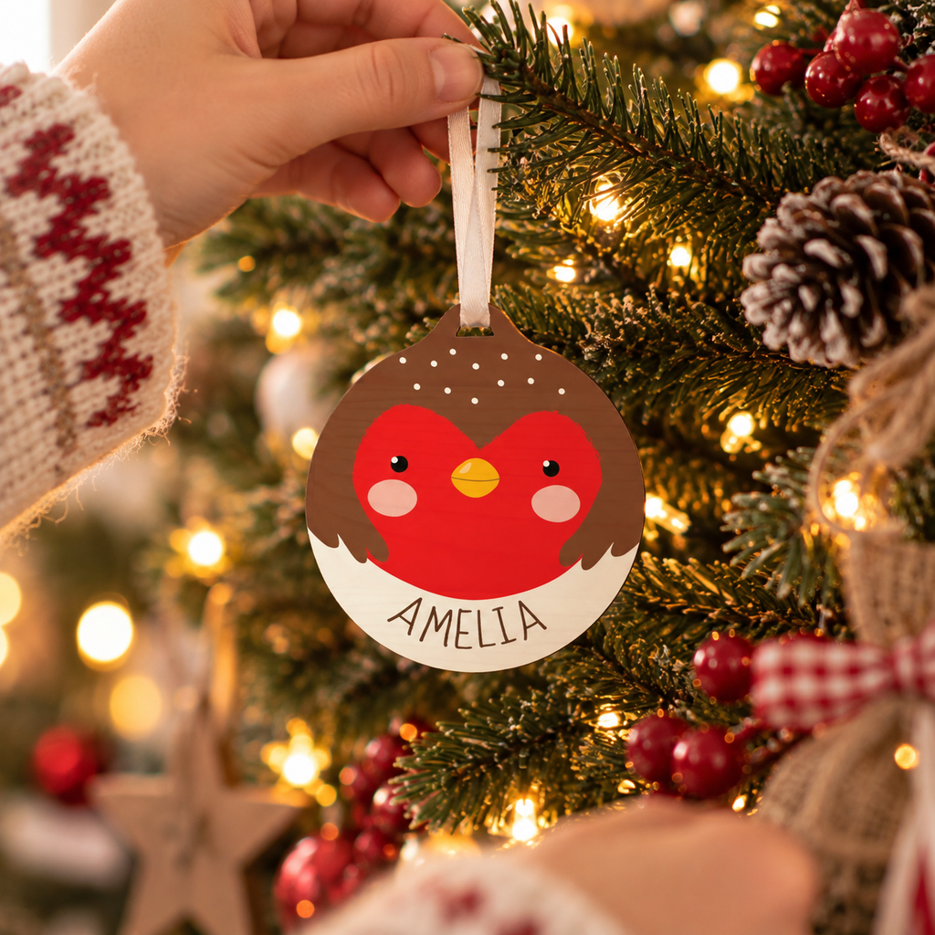 Personalised Robin Wooden Bauble