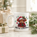 White ceramic mug with festive highland cow in a santa hat and 'Mooey Christmas'