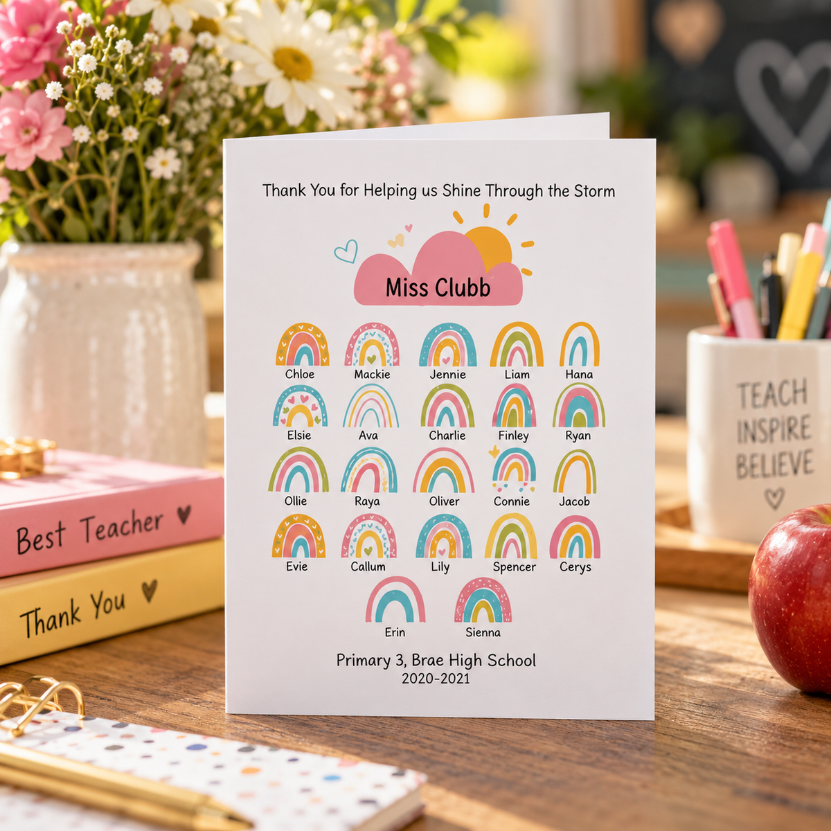 Personalised Rainbow Thank You Teacher Card