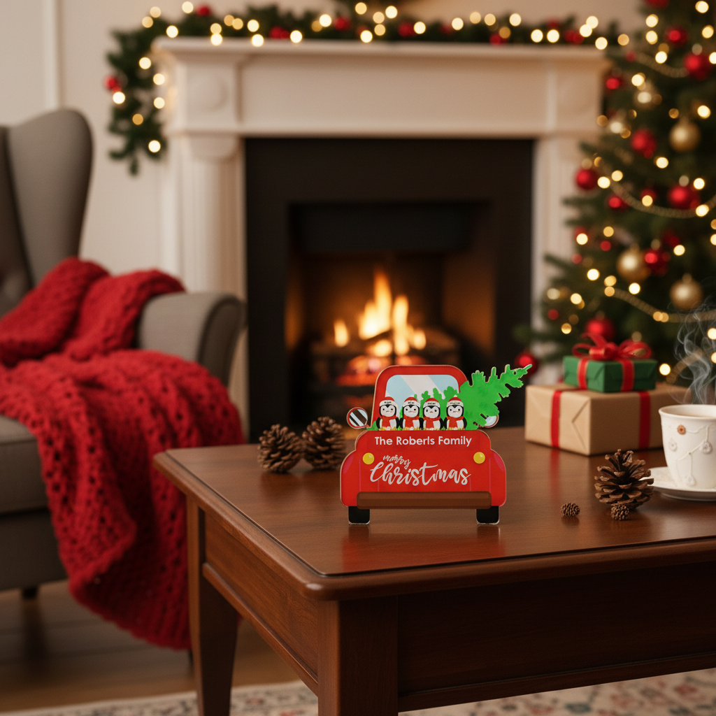Decorative Christmas sign on a coffee table with a fireplace and tree in the background