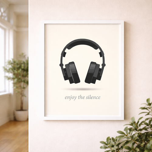 Minimal music print with headphones and 'enjoy the silence' text