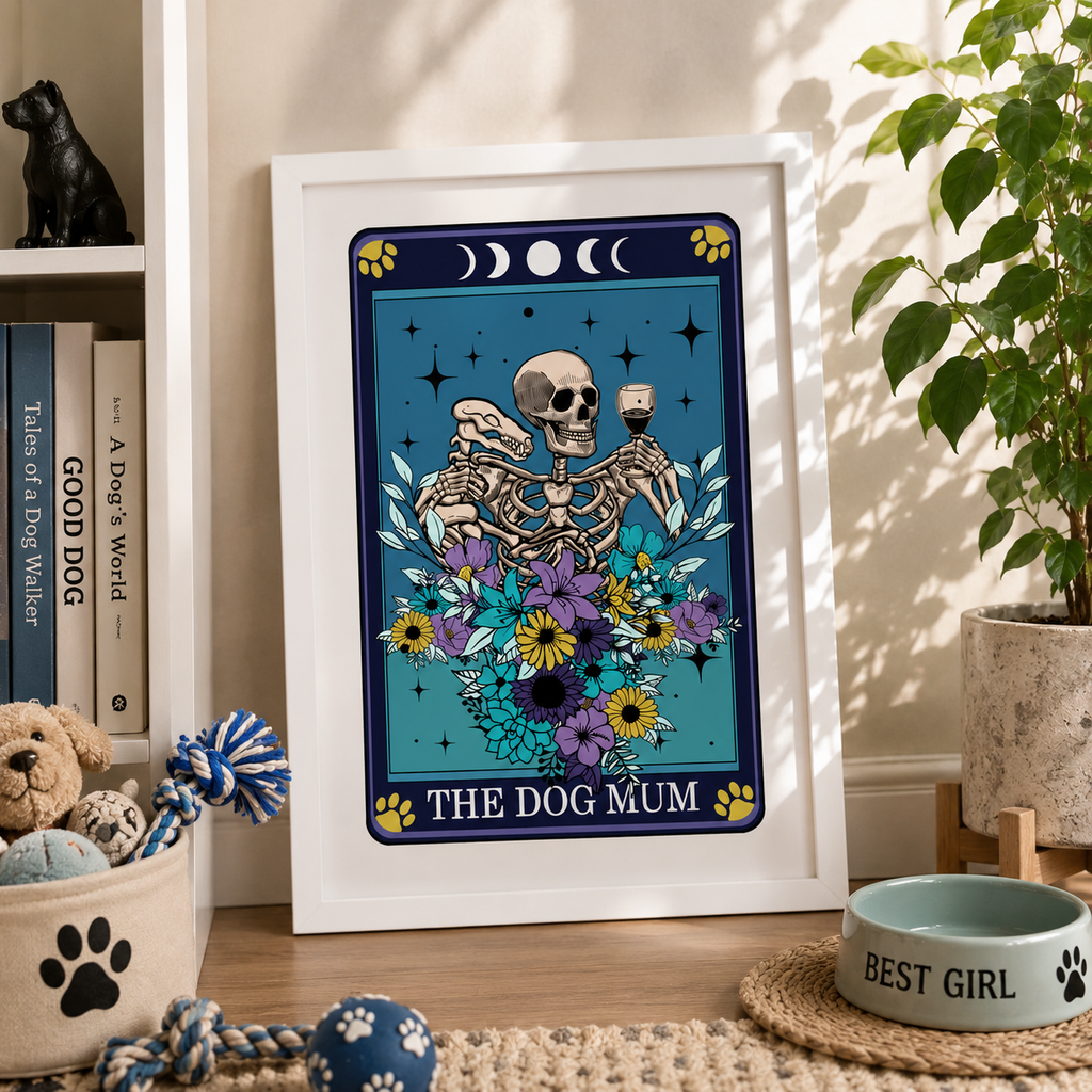 Dog mum tarot style print 'The Dog Mum' framed in a home setting