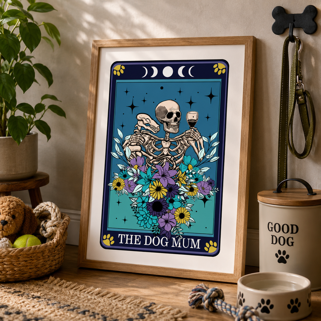 'The Dog Mum' tarot style print with skeleton and floral design, framed on a wall