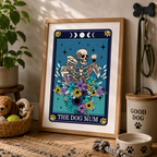 'The Dog Mum' tarot style print with skeleton and floral design, framed on a wall
