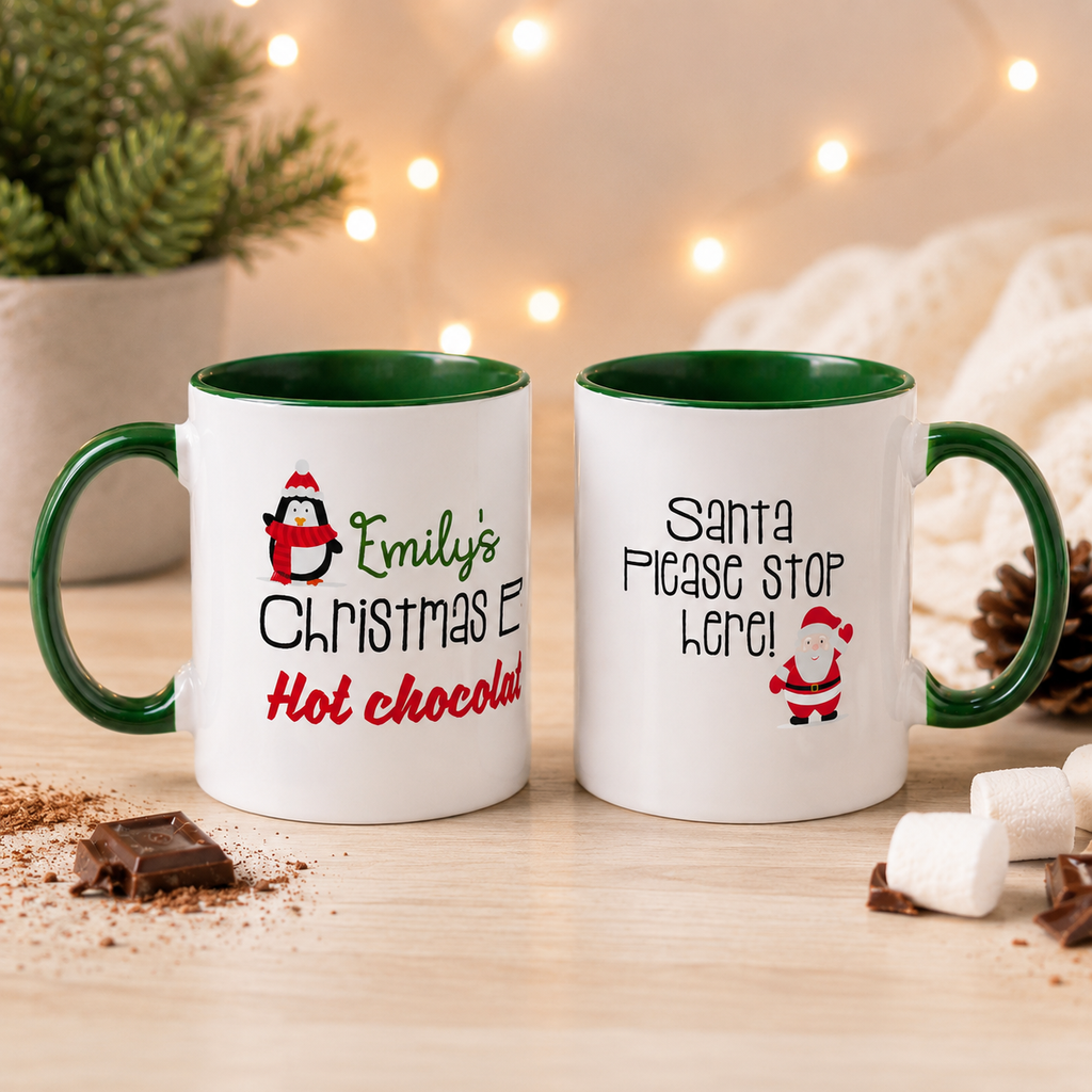 Personalised Christmas hot chocolate mug with 'Santa please stop here!' and a santa