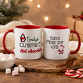 Personalised red and white hot chocolate mug with a penguin and 'Emily's Christmas Eve hot chocolate'