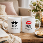 Moustache and lips wedding mug set personalised for the happy couple