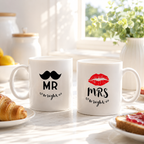 Personalised moustache and lips Mr and Mrs wedding mug set