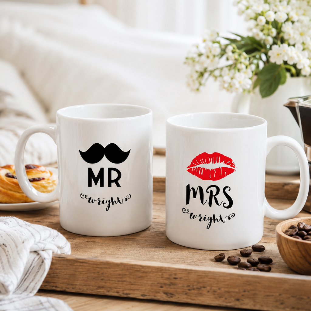 Wedding mug set with a moustache reading 'Mr' and red lips reading 'Mrs', personalised with a surname